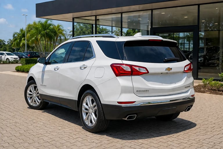Traseira da Chevrolet Equinox 2018 vista de lado em showroom externo com design moderno