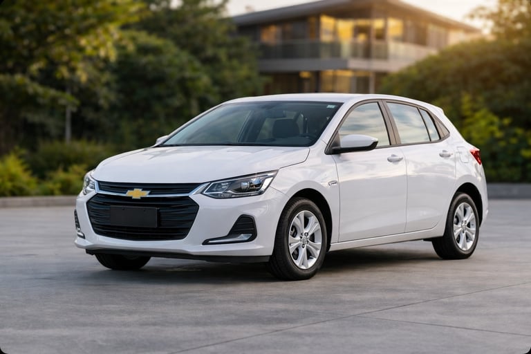 Chevrolet Onix branco 2026 estacionado em frente a casa moderna com fundo desfocado