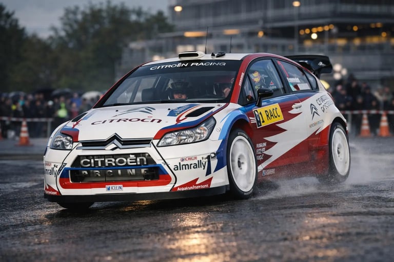 carros de rally Citroën C4 WRC em ação no asfalto molhado com curva e água sendo projetada