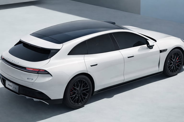 clone do Porsche Panamera branco com tecnologia da Huawei visto de traseira