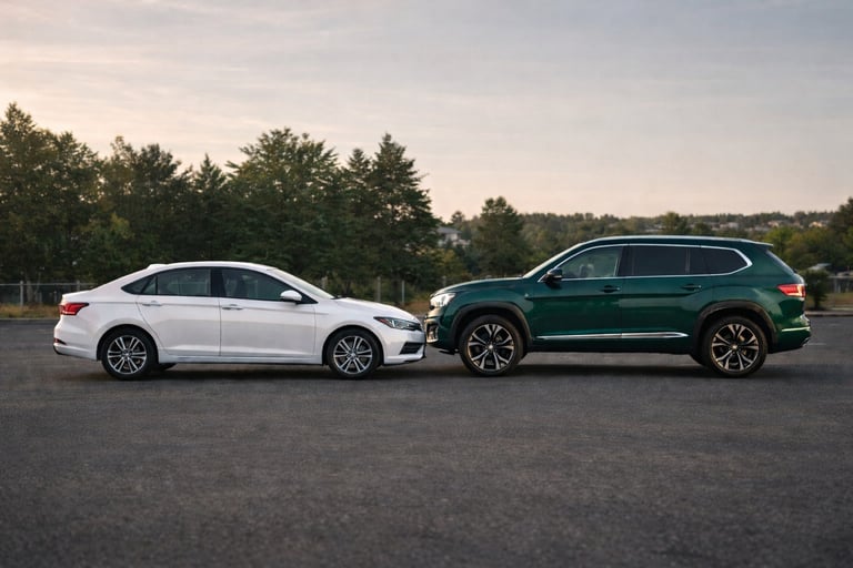 Comparação entre sedã e SUV lado a lado mostrando diferença de altura e design