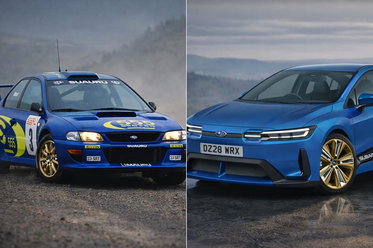 Comparação entre Subaru Impreza WRX STI de rally clássico e novo Subaru elétrico