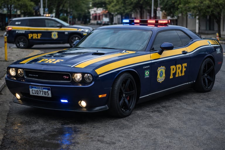 carro de polícia esportivo no Brasil modelo Dodge Challenger da PRF em rua urbana com viatura ao fun