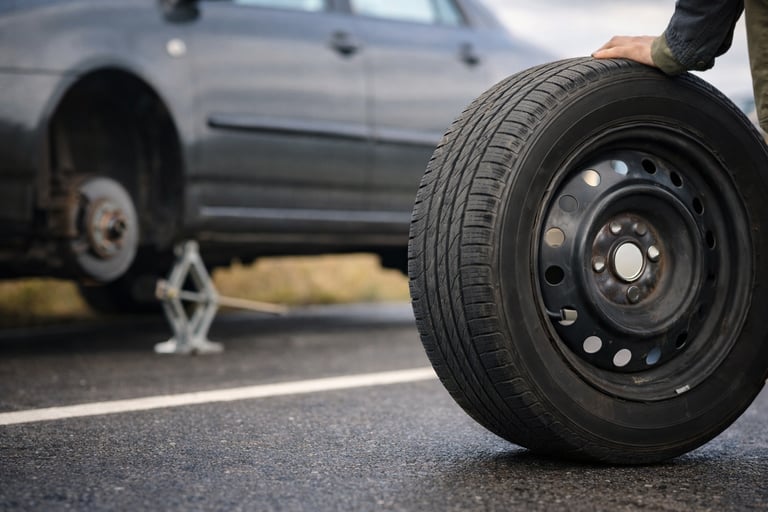estepe de carro sendo usado na troca de pneu na estrada