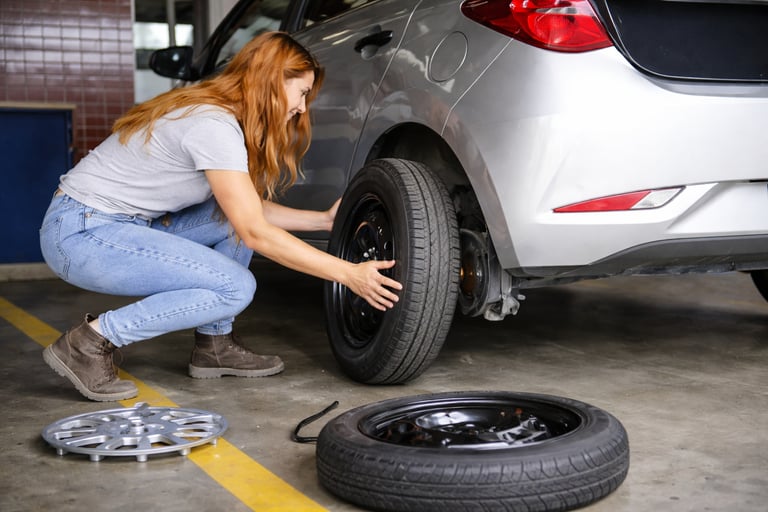 instalação de estepe de carro durante troca de pneu