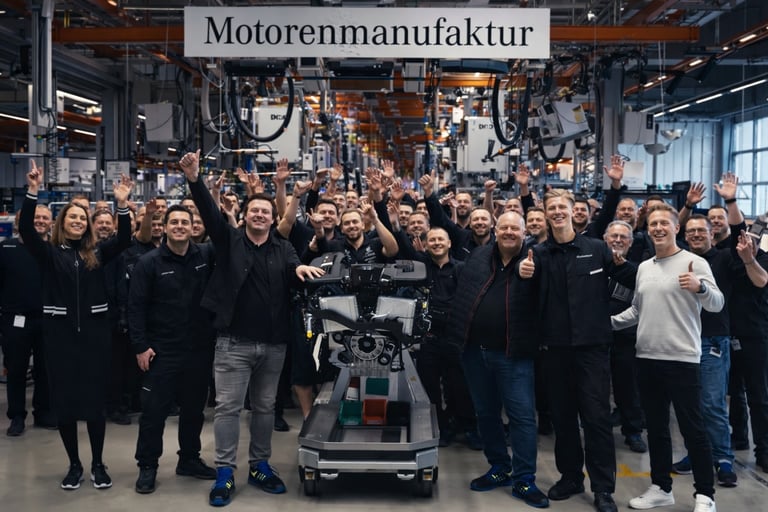 Equipe da Mercedes-AMG na fábrica de motores com modelo montado em programa exclusivo