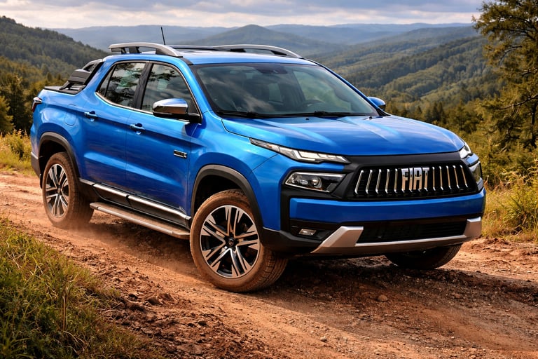 fiat toro 2025 azul em estrada de terra na montanha com paisagem natural