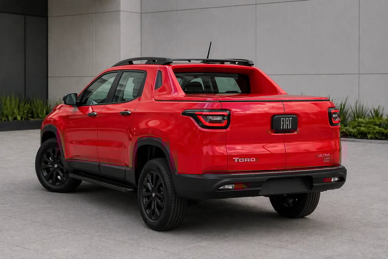Fiat Toro Ultra 2026 vermelha vista traseira em ângulo com capota rígida