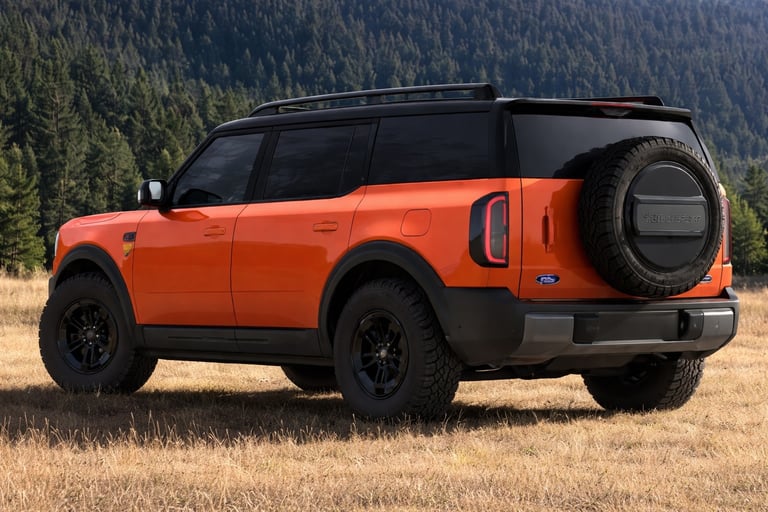 ford bronco suv laranja traseira sem placa em campo aberto com fundo de floresta