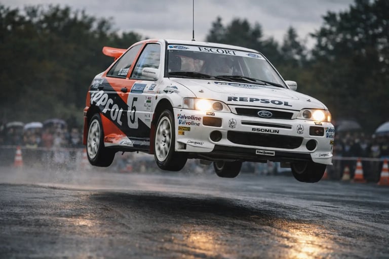 carros de rally Ford Escort RS Cosworth em salto no WRC em asfalto molhado com alta velocidade