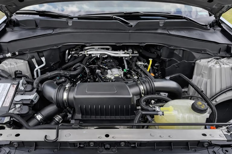 Motor V6 biturbo do Ford Explorer 2026 com 400 HP e componentes detalhados no cofre do motor