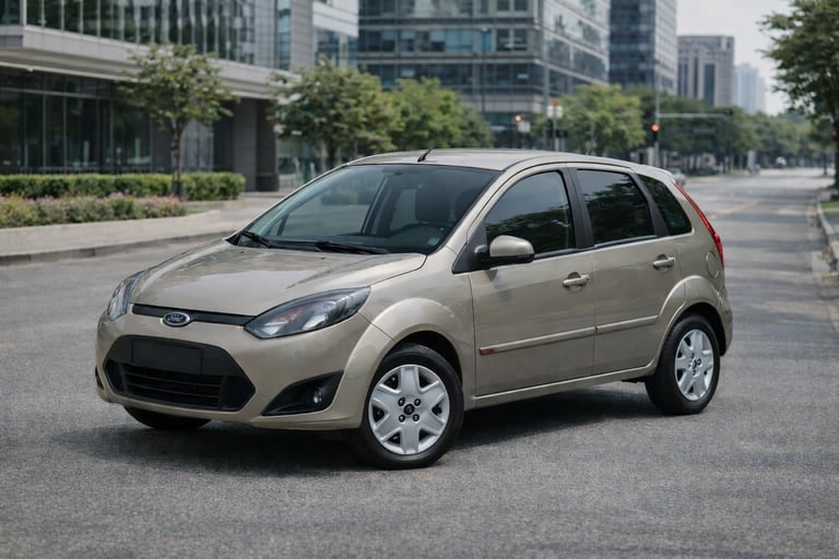 Ford Fiesta em cenário urbano moderno, conhecido pela durabilidade e manutenção acessível