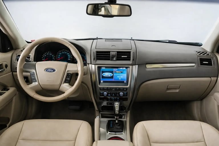 Interior do Ford Fusion 2012 V6 com acabamento em couro claro e central multimídia SYNC