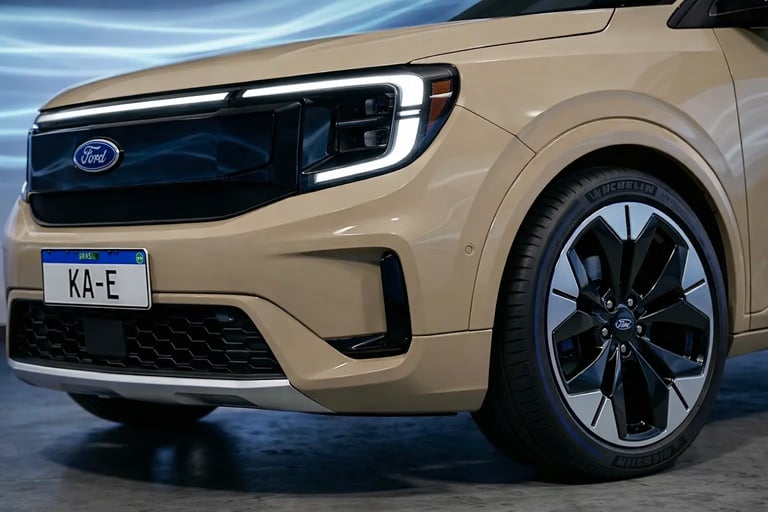 Detalhe frontal do Ford Ka-E conceito elétrico com farol em LED e roda esportiva rival