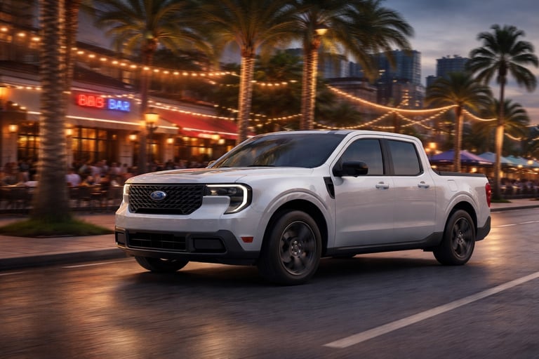 Ford Maverick 2026 em nova cor circulando em ambiente urbano à noite com iluminação de cidade