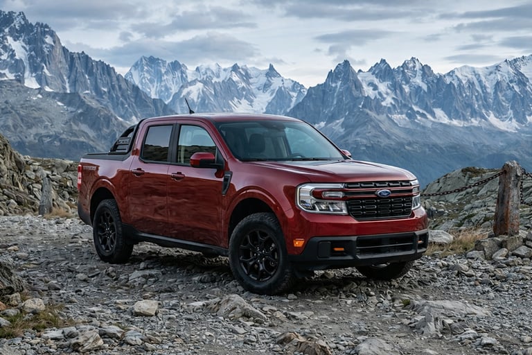 Ford Maverick 2026 vermelha em estrada off-road com alto desempenho