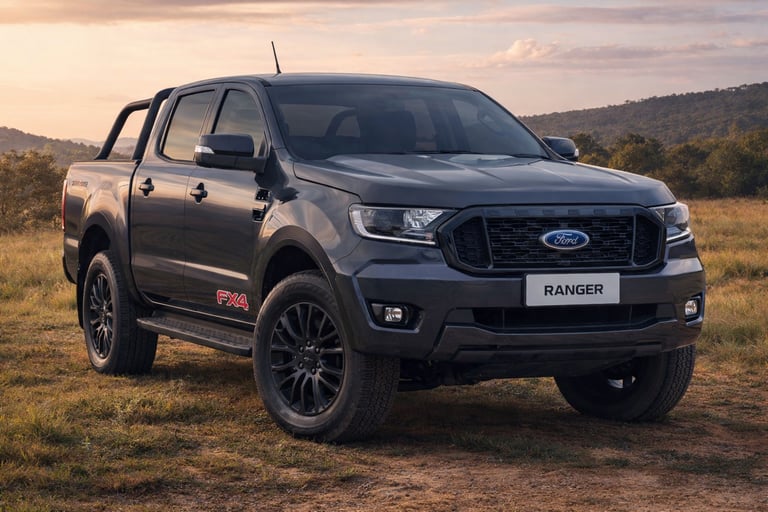 Ford Ranger 2023 FX4 preta cabine dupla em estrada de terra com visual moderno