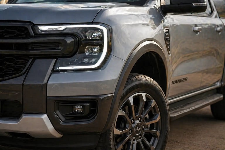 Detalhe do farol e roda da Ford Ranger prata destacando design frontal