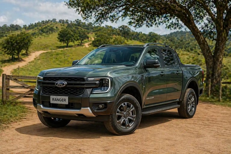 Ford Ranger em cenário rural brasileiro com estrada de terra e paisagem natural ao fundo
