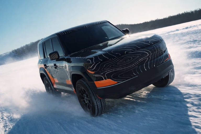 GAC T75 SUV off-road camuflado em movimento frontal na neve durante testes extremos