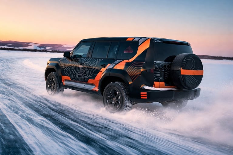GAC T75 SUV off-road camuflado visto de traseira em alta velocidade na neve durante testes extremos