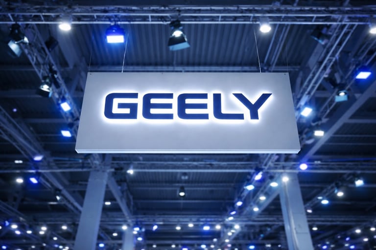 Logo da Geely iluminado em ambiente industrial com estrutura metálica e luzes azuis