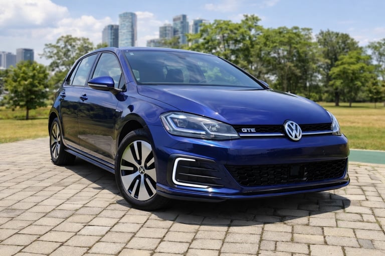 Volkswagen Golf GTE 2020 azul híbrido plug-in estacionado com fundo urbano moderno e sem placa
