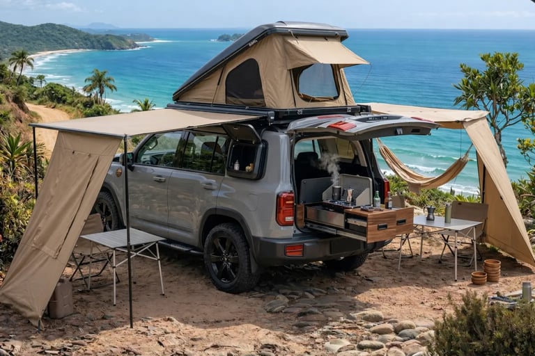 Haval H9 Nomad Concept montado para camping na praia com barraca de teto