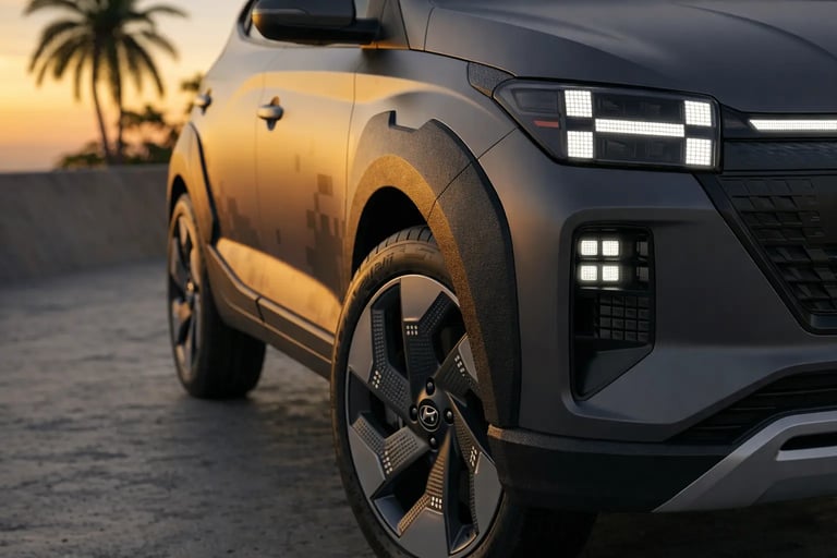 HB20X 2027 conceito detalhe frontal com faróis pixel LED futuristas inspirado na Hyundai Santa Fe