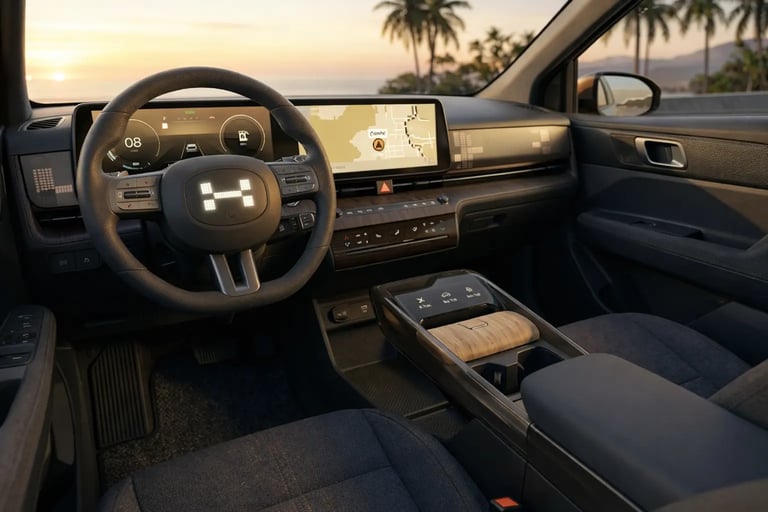 HB20X 2027 conceito interior com painel digital duplo e console minimalista futurista da Hyundai