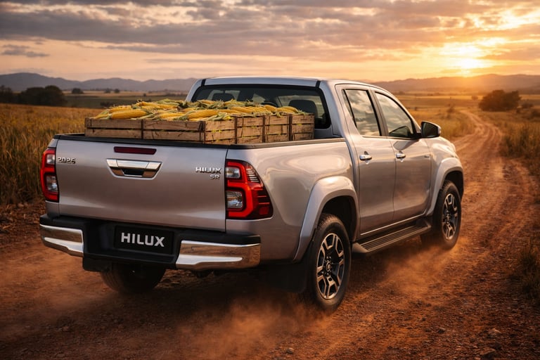 Toyota Hilux SR 2026 utilizada para trabalho com caçamba carregada em estrada rural