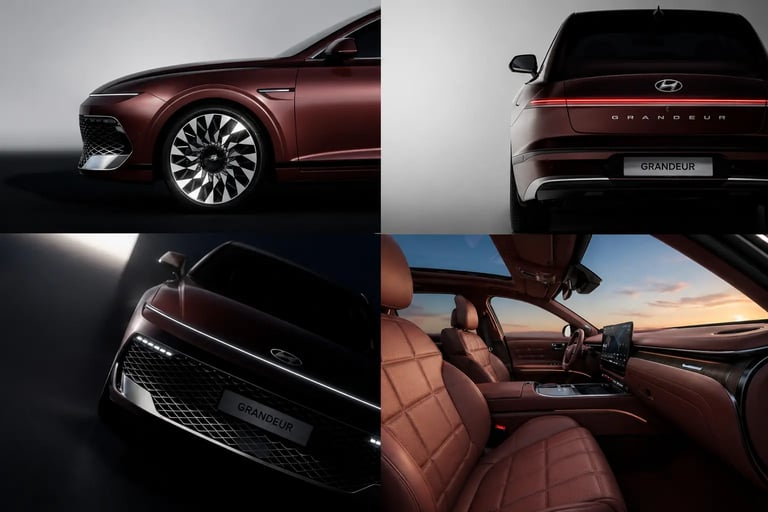 Hyundai Grandeur 2027 em colagem com exterior, traseira e interior premium em destaque