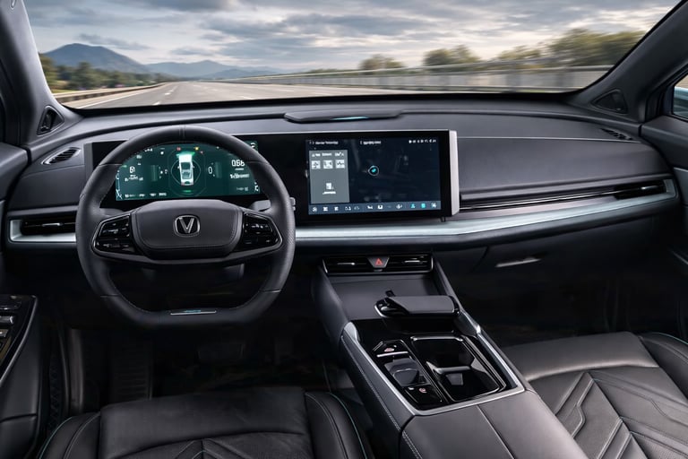 Interior do CAOA Changan UNI-T 2026 com painel digital, central multimídia ampla