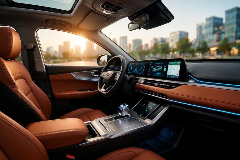 interior de carro de 7 lugares no Brasil em 2026 com acabamento de luxo e tecnologia avançada