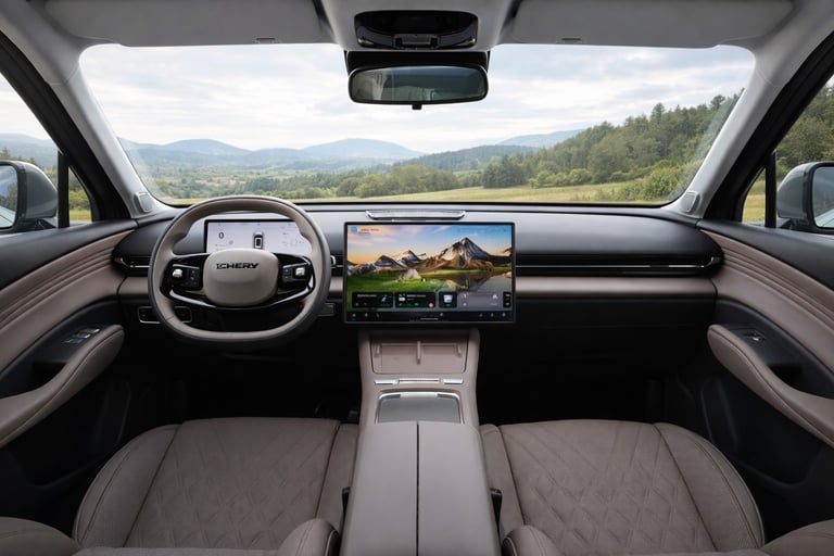 Interior sofisticado do Chery Tiggo 7L com tela gigante e acabamento premium