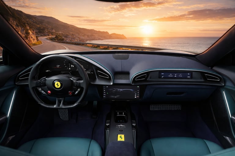 interior da Ferrari Amalfi Spider com painel digital e volante esportivo
