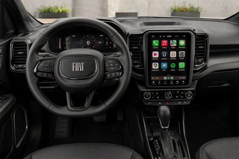 Interior da Fiat Toro Ultra 2026 com volante multifuncional e central multimídia vertical