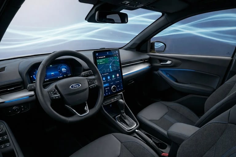 Interior do Ford Ka-E conceito elétrico com painel digital moderno e central multimídia avançada