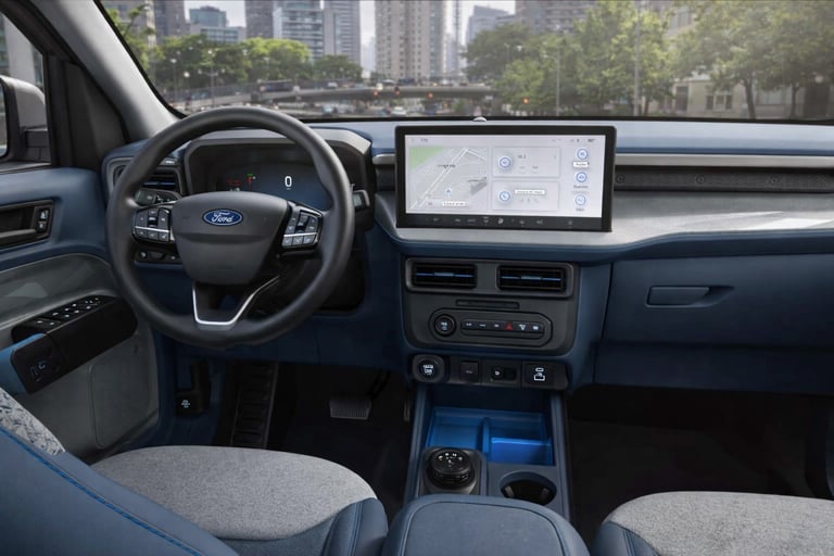 Interior da Ford Maverick 2026 com painel digital e central multimídia em destaque
