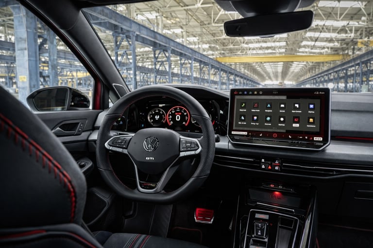 interior do Golf GTI 2026 com painel digital e multimídia destacando tecnologia e esportividade
