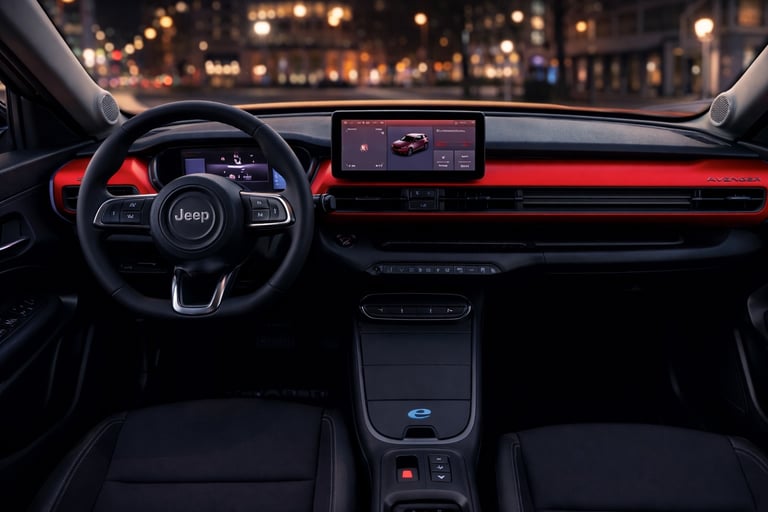 Interior do Jeep Avenger 2026 com painel digital, central multimídia