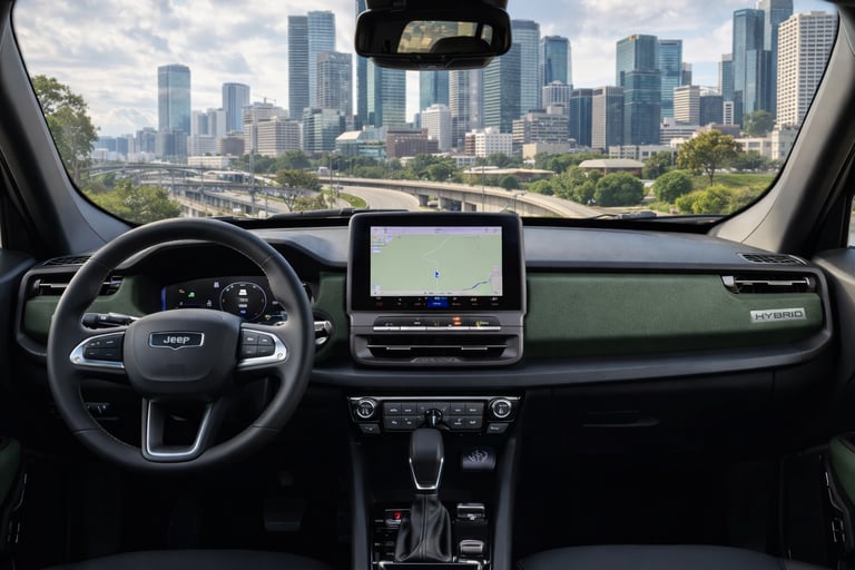 Interior do Jeep Renegade 2027 com central multimídia e painel digital moderno