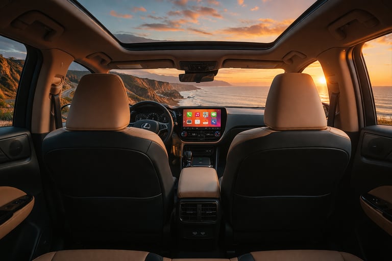 Interior do Lexus NX 450h+ SUV híbrido de luxo com teto panorâmico e vista premium ao dirigir