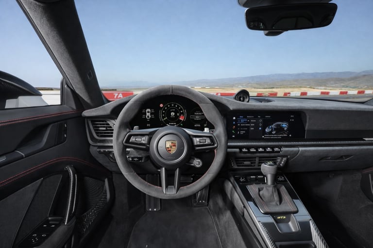 interior do Porsche 911 GT3 2026 com painel digital, volante esportivo e acabamento premium em pista