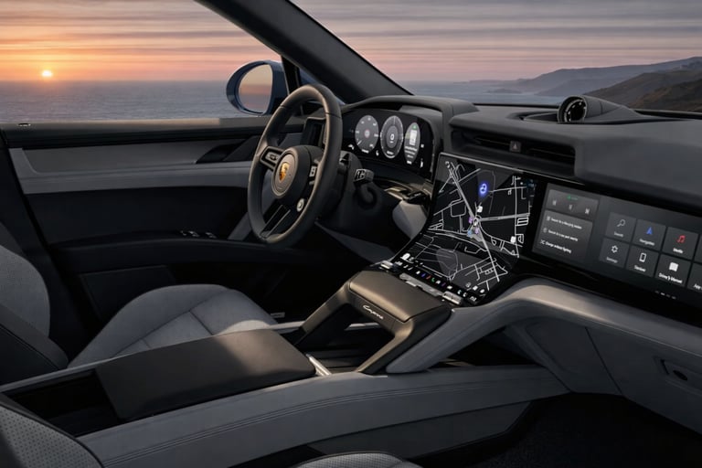 Interior do Porsche Cayenne Electric S com painel digital e central multimídia