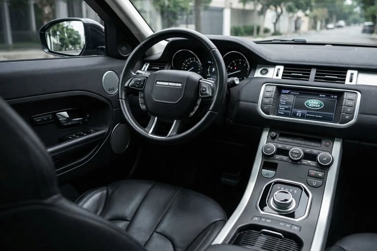 Interior da Range Rover Evoque 2012 com painel, volante multifuncional e acabamento premium