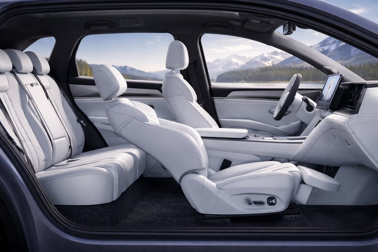 Interior moderno do novo SUV elétrico da BYD com tela digital e bancos com função de massagem