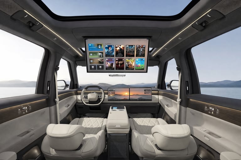 interior do SUV Volkswagen ID ERA 9X com tela no teto, painel digital e design premium