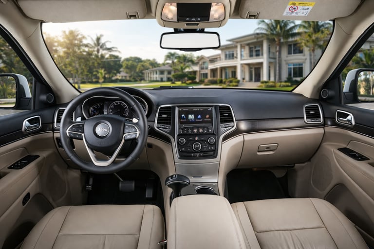 Interior do Jeep Grand Cherokee 2015 com painel, central multimídia e acabamento em couro