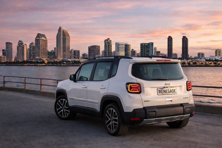 Jeep Renegade 2027 híbrido traseira com placa Renegade em cenário urbano ao pôr do sol